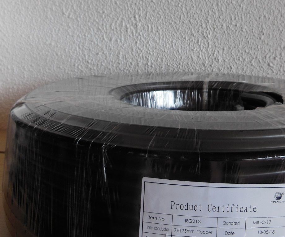 RG-213 U- MIL-CE-SORT-Rull a 100Meter;Meter-Counter-Printed on cable;Weight 14Kg-;Kr1950,-Pr.Rull;+ Porto Norgespakken Kr 270,-(For Mindre Lengder):Kontakt;epost;odderiks@online.no