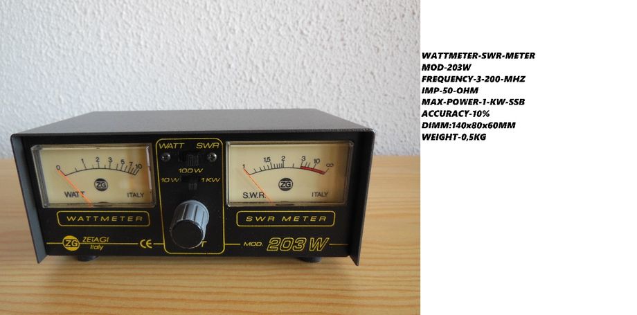 ZETAGI-SWR-WATT-METER-203W-3-200Mhz-50 Ohm-1KW-SSB;Dimm;140x80x60mm;Vekt;0,5Kg; Kr750,-+Porto;Norgespakken;Kr150,-Kontakt;epost;odderiks@online.no