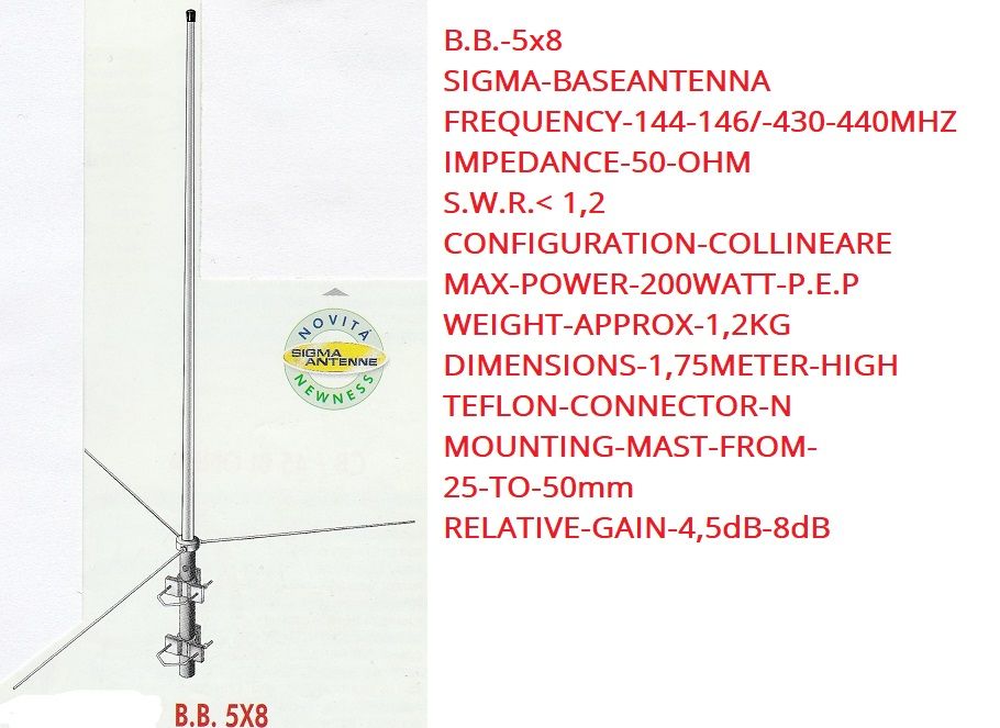 SIGMA-BASE-ANTENNE-FIBER-GLASS-rad-eloc-alm-Høyde 1,75m
144-146 - 430-440MHZ
Kr 950,- +Porto;N-Pakken Kr 290,-kontakt,
epost;odderiks@online.no