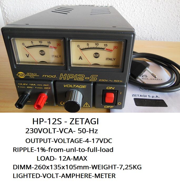 ZETAGI-HP 12S-230Volt-Ac-4-17Volt-Dc-12Amp-
max;Belysning;Dimm;260x135x105mm;Vekt;7,25Kg;Kr950,-
+Porto;Norgespakken;Kr150,-Kontakt;epost;odderiks@online.no